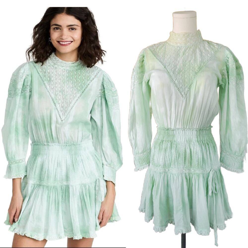 LOVESHACKFANCY Viola Mini Dress Size Small Green Cottagecore Boho Lace